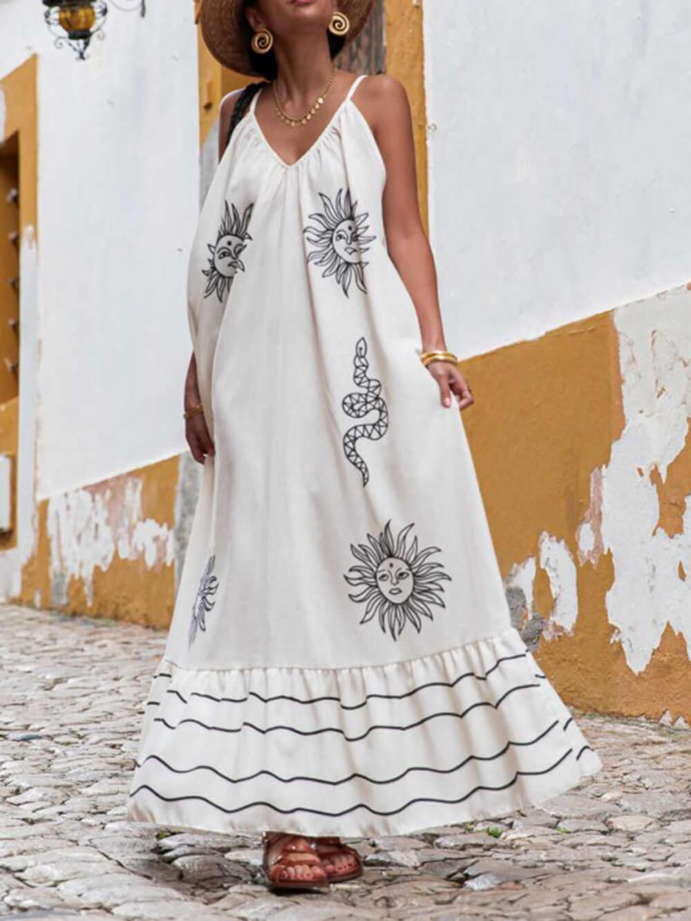 Vestido Único Étnico Estampado con Cuello V Bajo el Sol