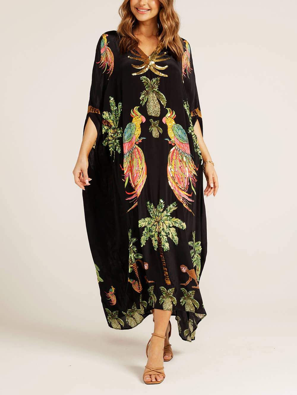 Vestido con estampado de cocoteros y mangas de hombros caídos único