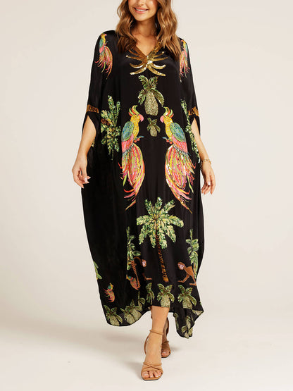 Vestido con estampado de cocoteros y mangas de hombros caídos único