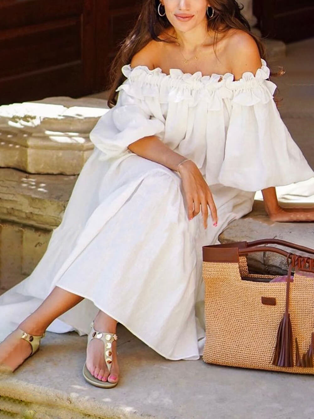 Vestido Midi con Volantes, Hombros Descubiertos, Mangas Abullonadas y Bolsillos