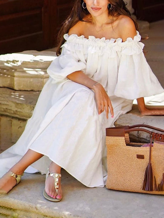 Vestido Midi con Volantes, Hombros Descubiertos, Mangas Abullonadas y Bolsillos