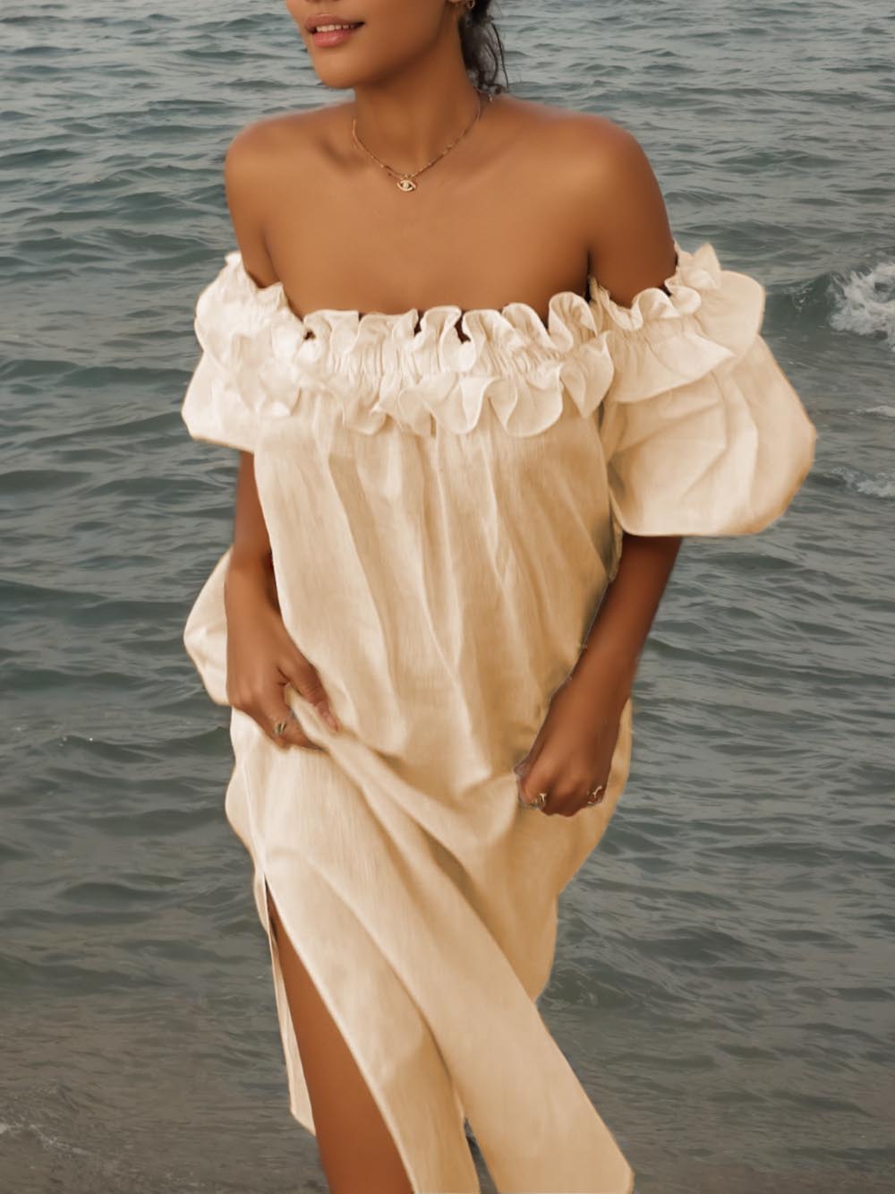 Vestido Midi con Volantes, Hombros Descubiertos, Mangas Abullonadas y Bolsillos