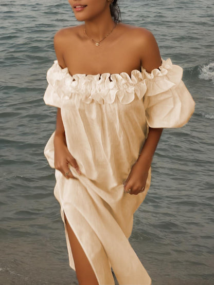 Vestido Midi con Volantes, Hombros Descubiertos, Mangas Abullonadas y Bolsillos