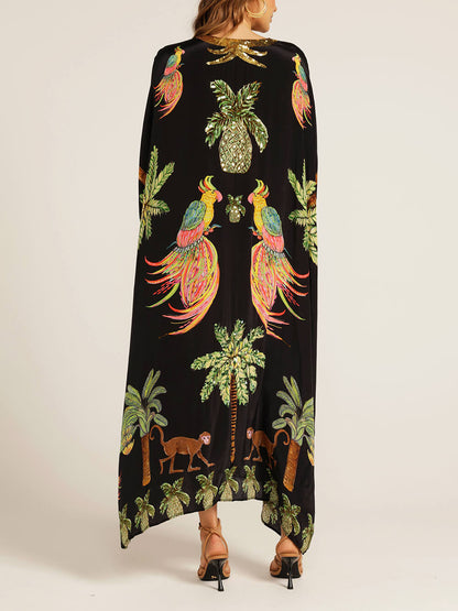 Vestido con estampado de cocoteros y mangas de hombros caídos único