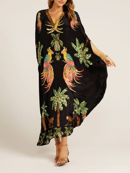 Vestido con estampado de cocoteros y mangas de hombros caídos único