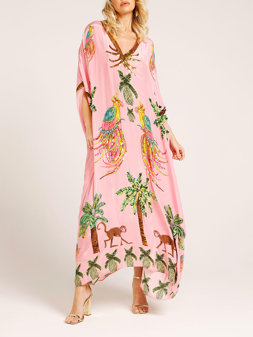Vestido con estampado de cocoteros y mangas de hombros caídos único