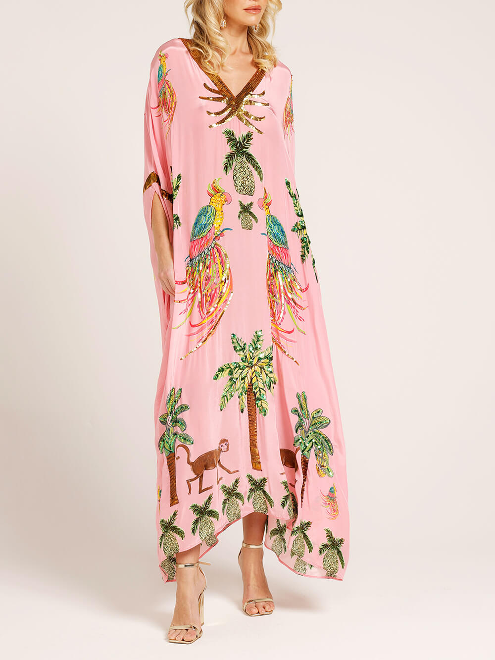 Vestido con estampado de cocoteros y mangas de hombros caídos único