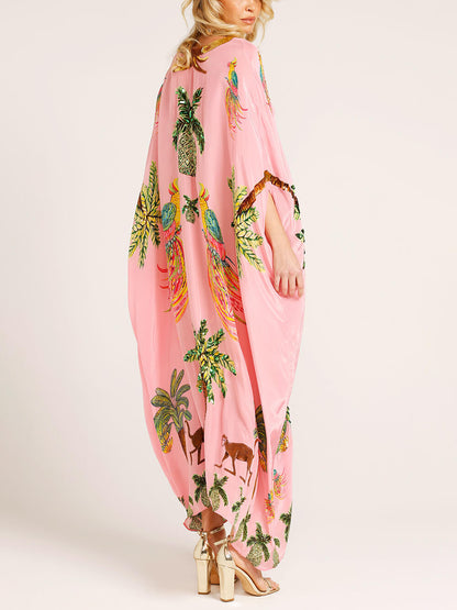 Vestido con estampado de cocoteros y mangas de hombros caídos único