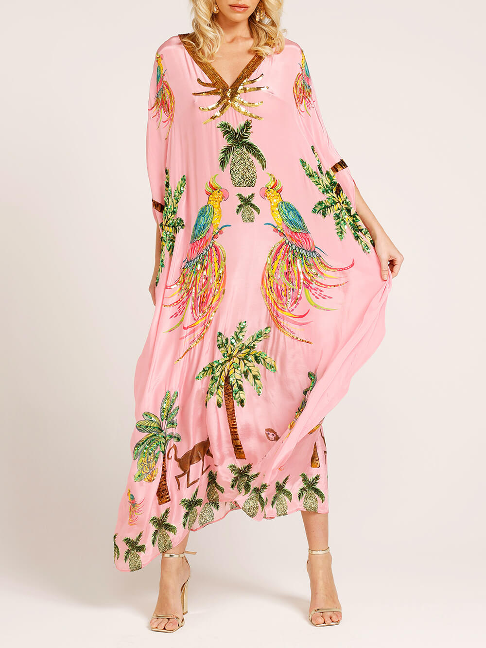 Vestido con estampado de cocoteros y mangas de hombros caídos único