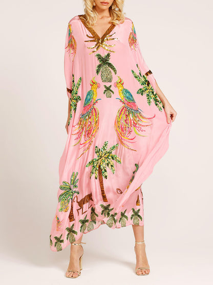 Vestido con estampado de cocoteros y mangas de hombros caídos único