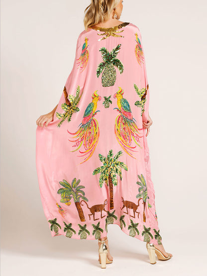 Vestido con estampado de cocoteros y mangas de hombros caídos único