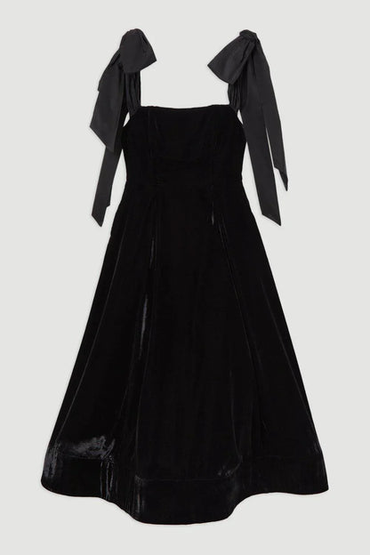 Vestido Midi sin Tirantes con Lazo de Terciopelo
